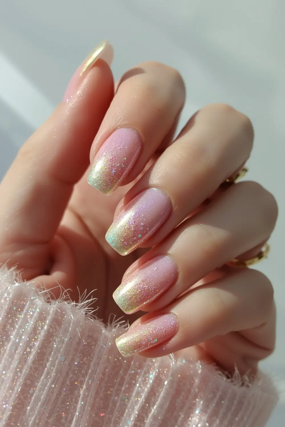 10. Holographic French Tips with Floating Petals