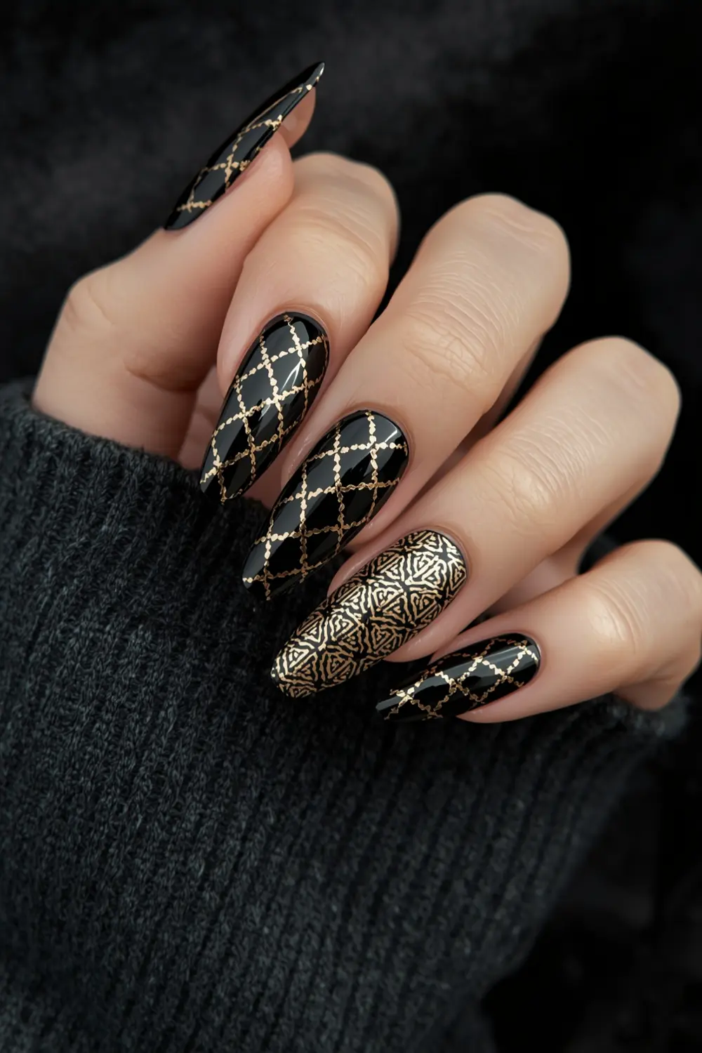 5. Glossy Black & Gold Art Deco Check