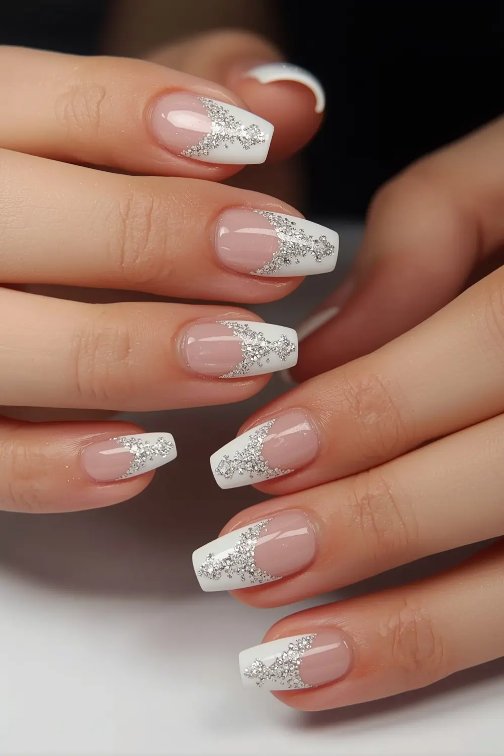 5. Glossy Micro-French with Silver Micro-Glitter