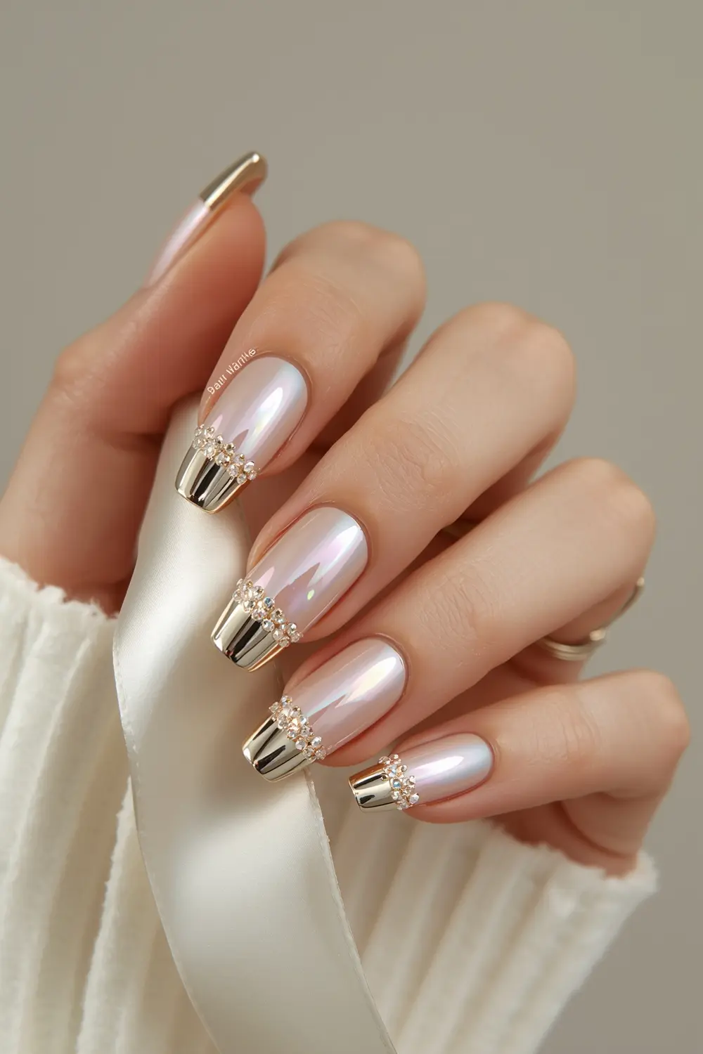 8. Gold Chrome French with a Micro-Pearl Accent