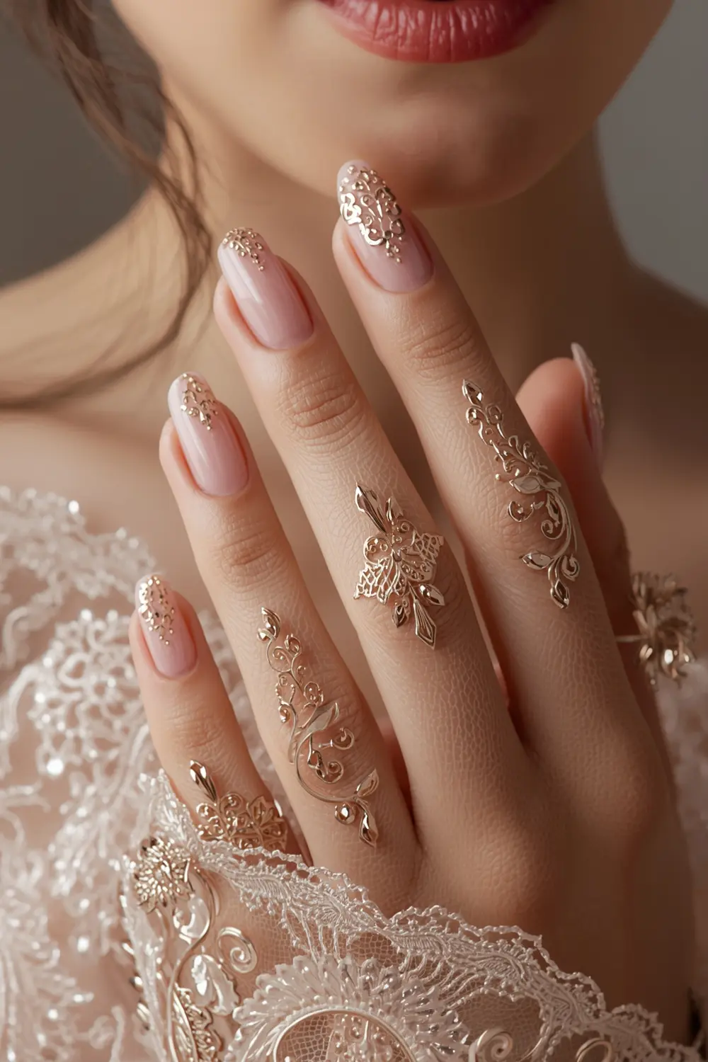 8. Gold Chrome Lace: Delicate Filigree on Sheer Pink