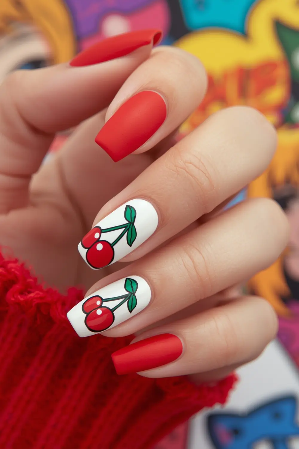 Cherry Emoji Pop-Art Accent Nails