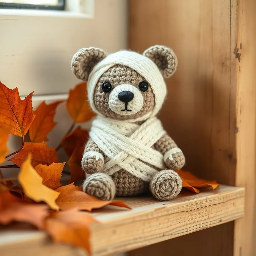 Crocheted teddy bear wrapped in white bandages with one ear showing.