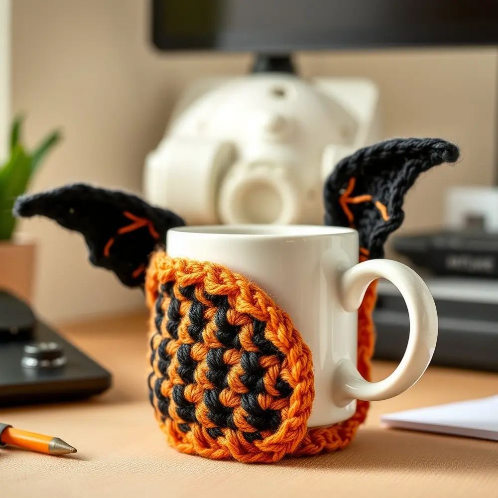 Crochet coffee cozy with bat wings wrapped around a ceramic mug.