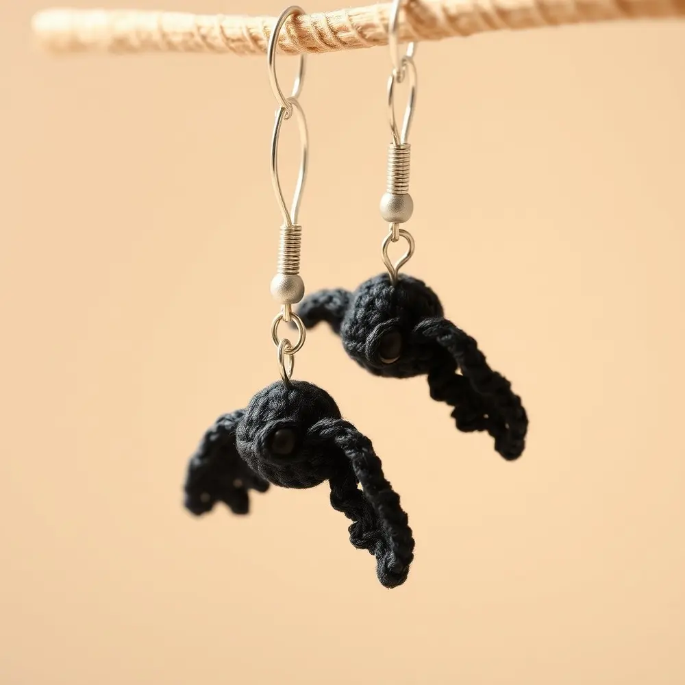 Pair of small black crochet bat earrings hanging from silver hooks on a white surface