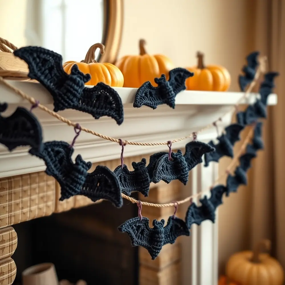 Crochet bat garland in charcoal and plum hanging over a fireplace mantel