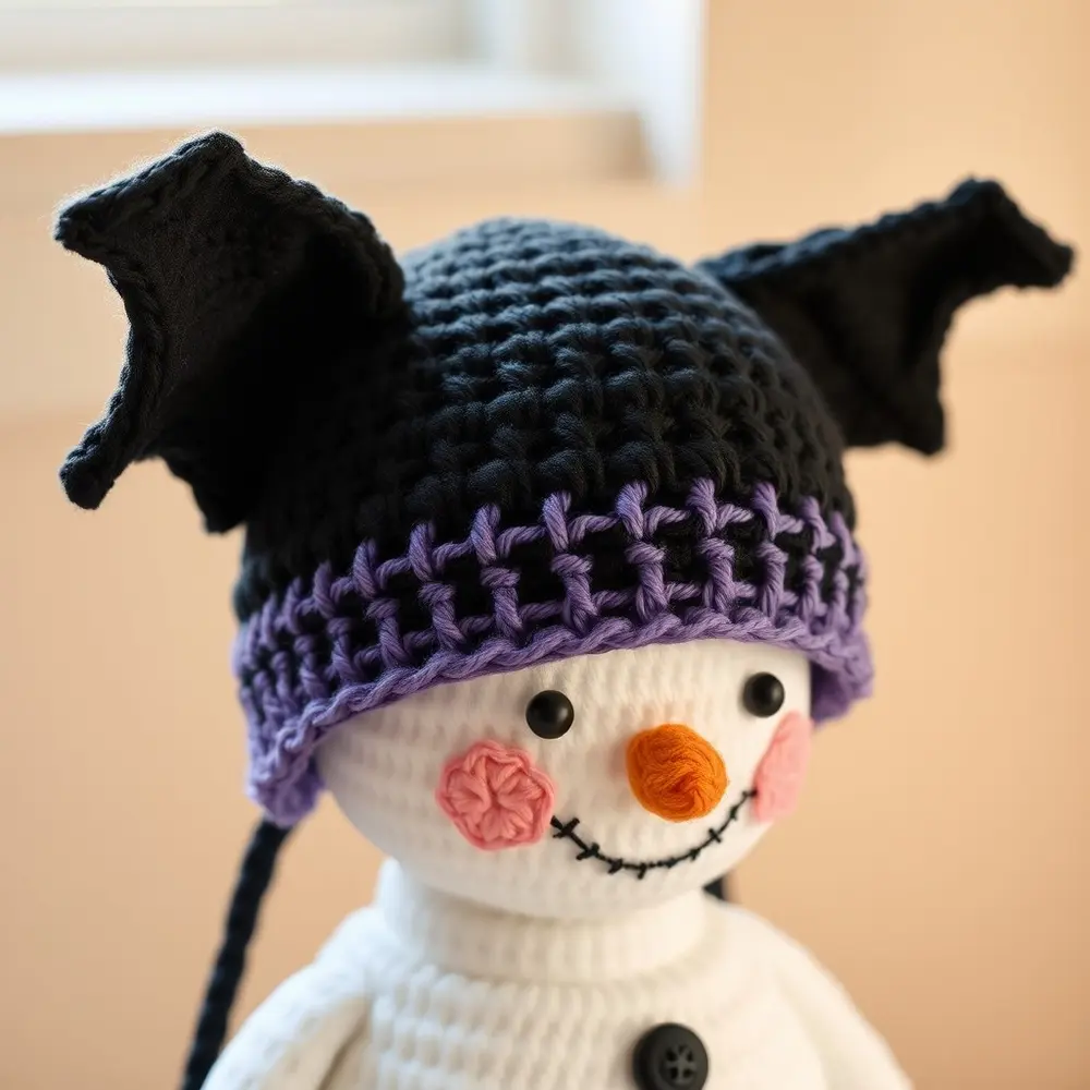 Child wearing charcoal crochet beanie with black bat wing earflaps and small ears.