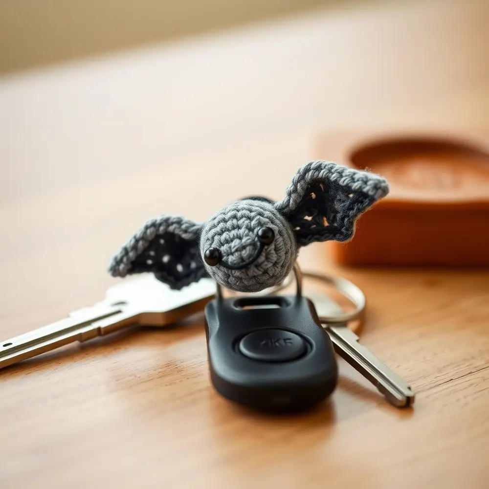 Small black crochet bat with orange eyes attached to a keyring on a bag