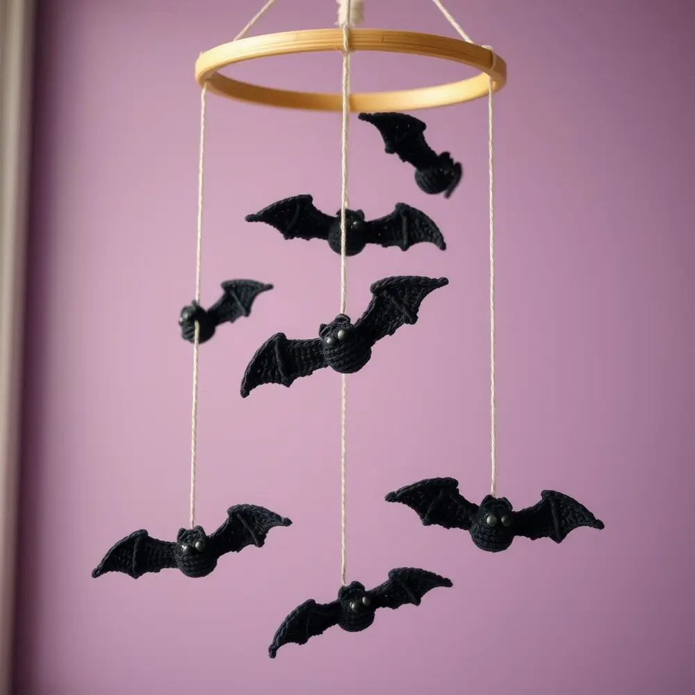 Crochet bat mobile with five black bats hanging from a hoop.
