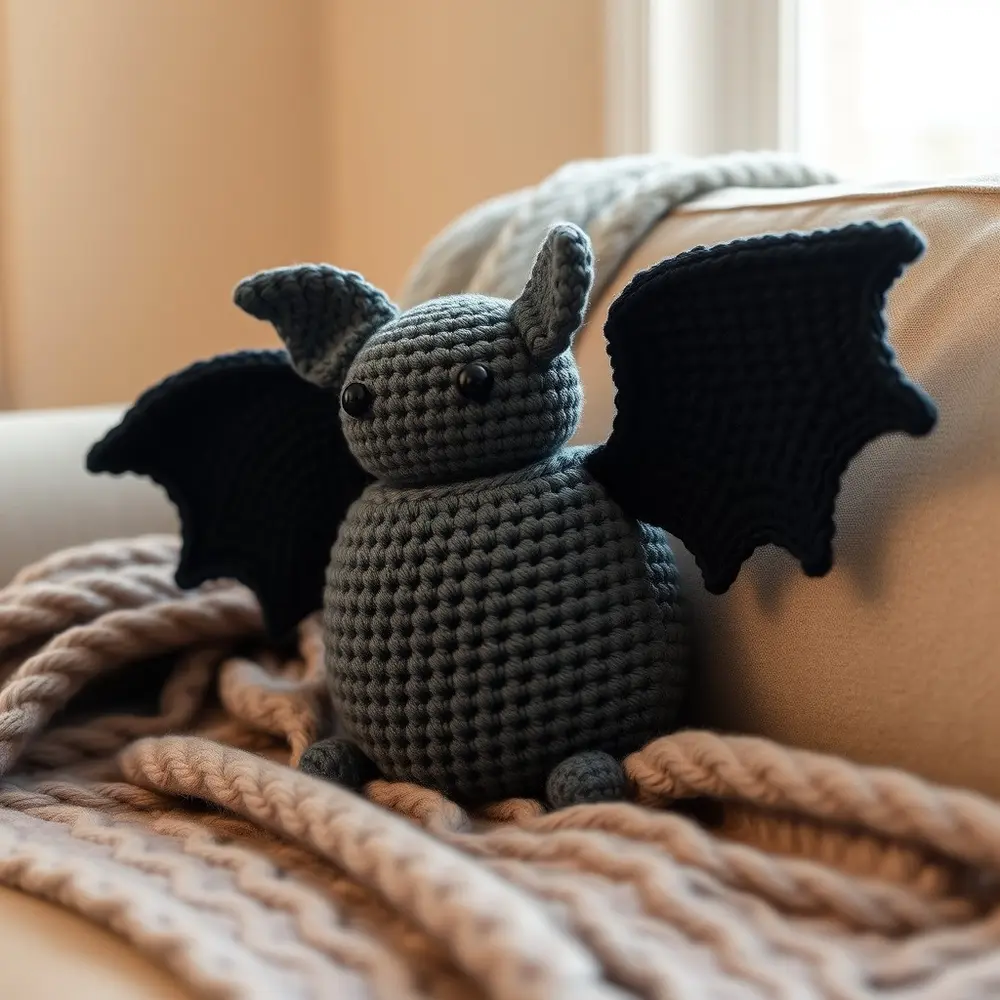 Round crochet bat pillow with black wings and fangs on a gray couch.