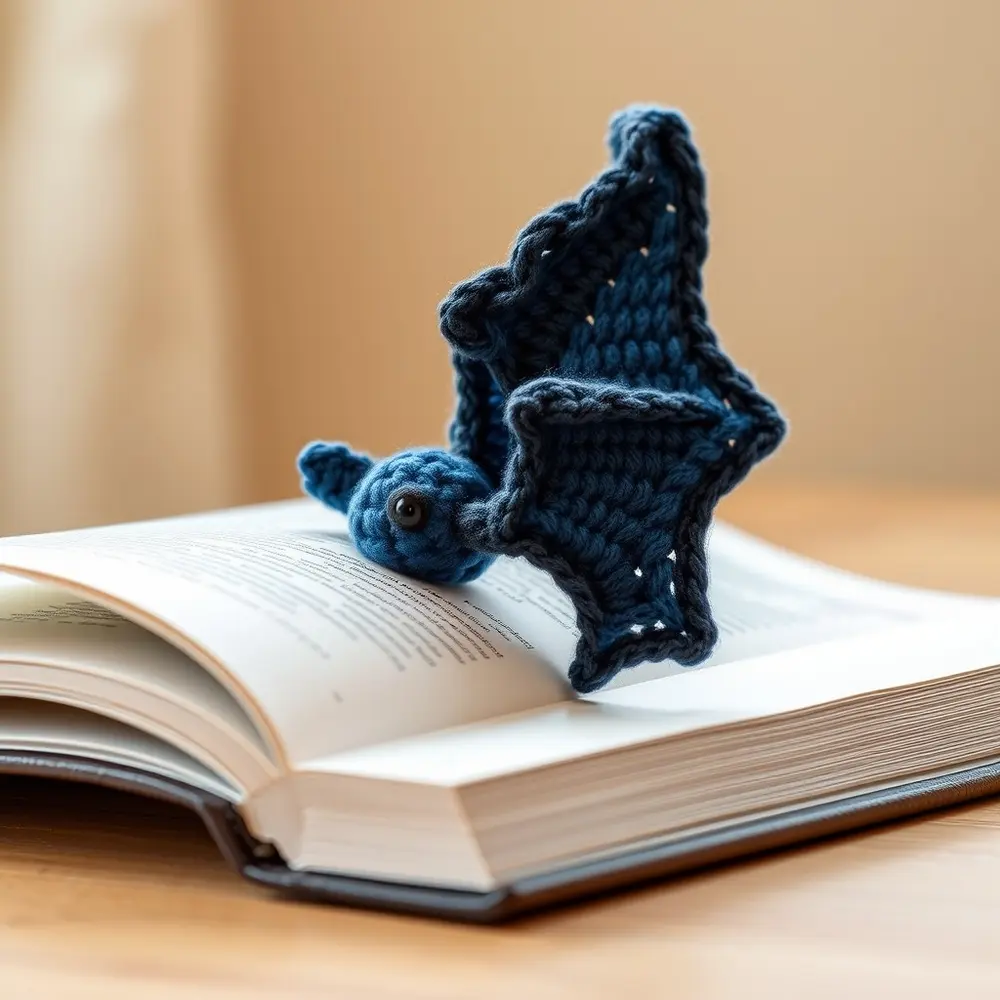 Flat crochet bat bookmark with textured wings slipped over a book page
