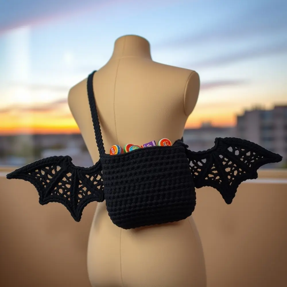 Small black crochet crossbody bag with bat wing flaps and long strap.