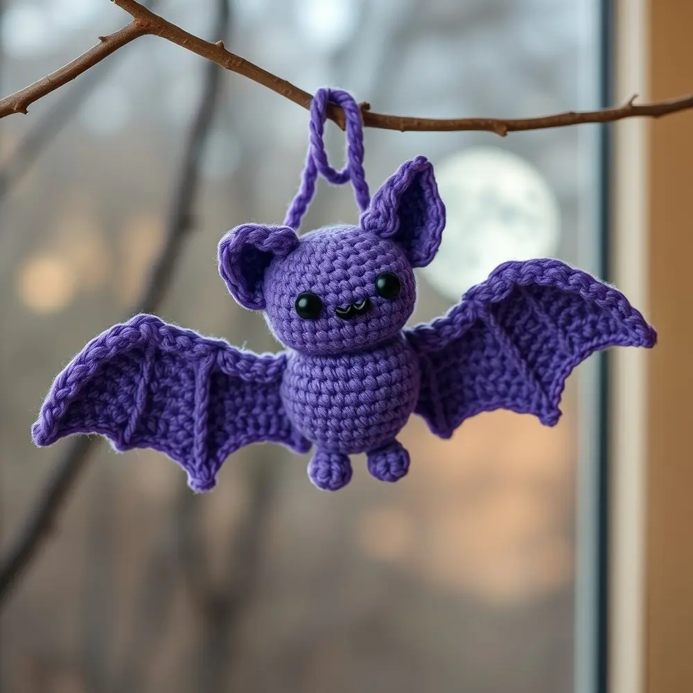 Crochet bat amigurumi with wire wings posed upward, black yarn, pink nose