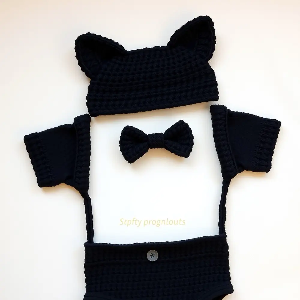 Child wearing black crochet cat ears and bow tie on a black onesie.
