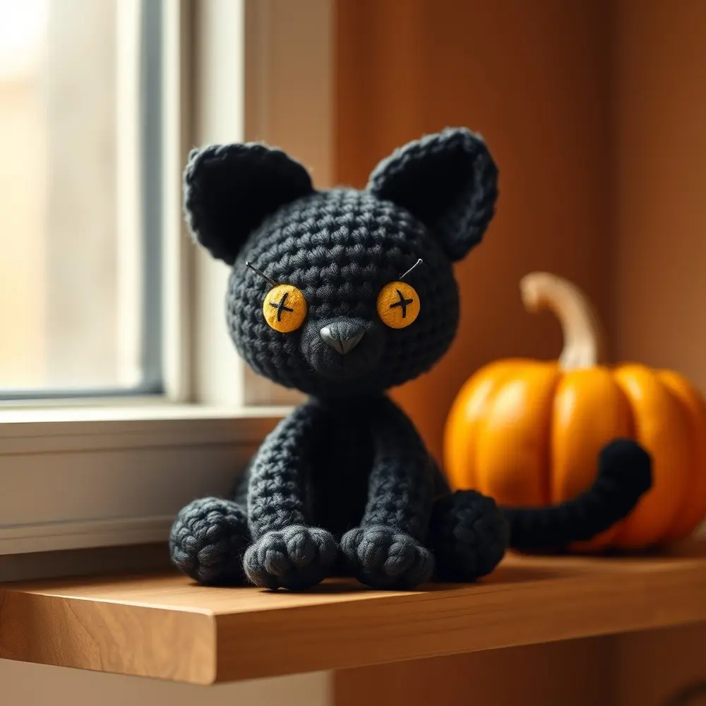Crocheted black cat with arched back sitting on a wooden shelf.