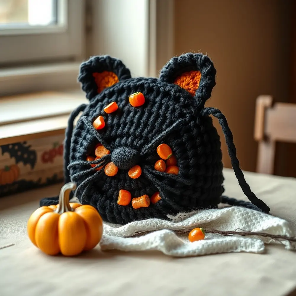 Black crochet bag with pointy ears and white whiskers.