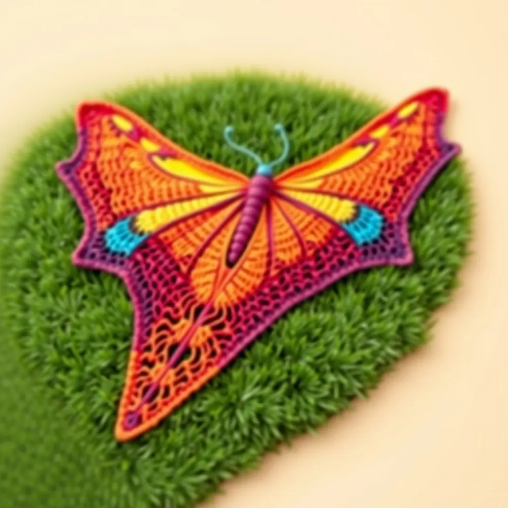 Child wearing colorful crochet butterfly wing shawl and headband.