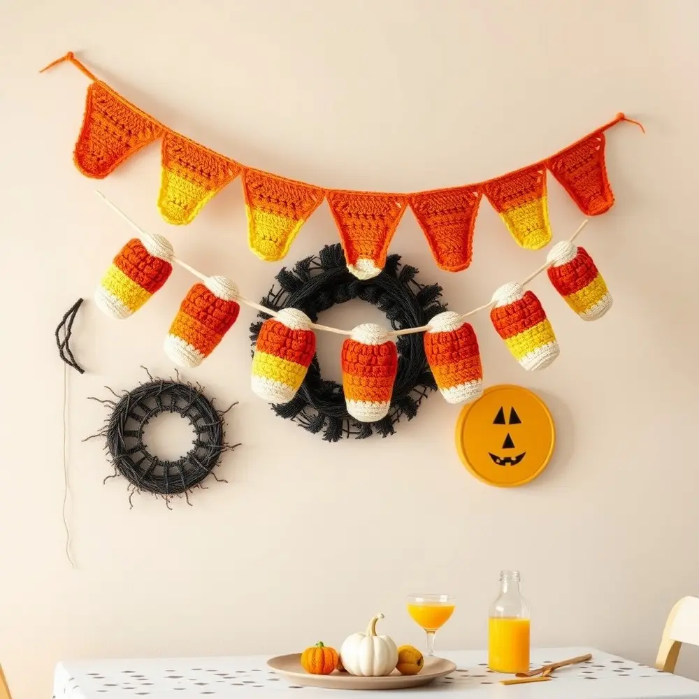 Crocheted candy corn triangle bunting in yellow, orange, and white hanging on a wall.