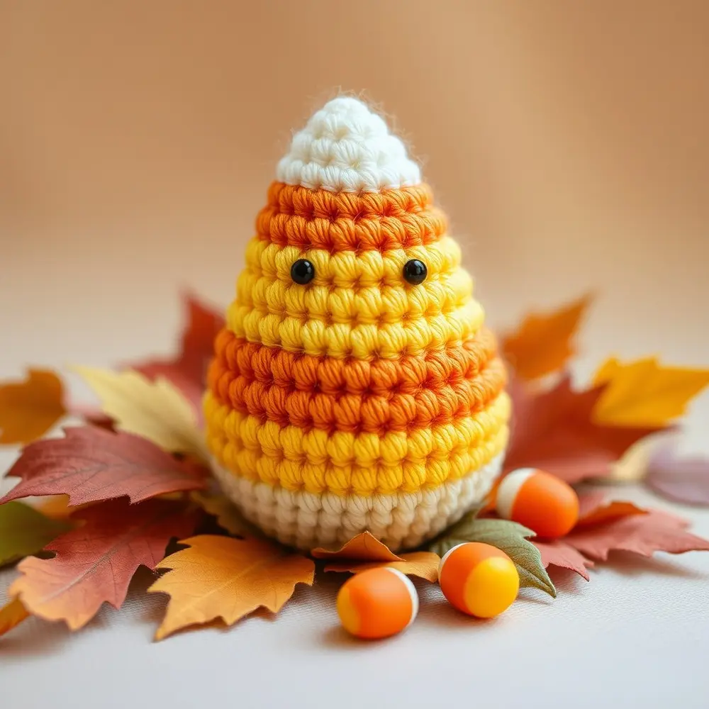 Three striped candy corn amigurumi with yellow, orange, and white sections and small smiles