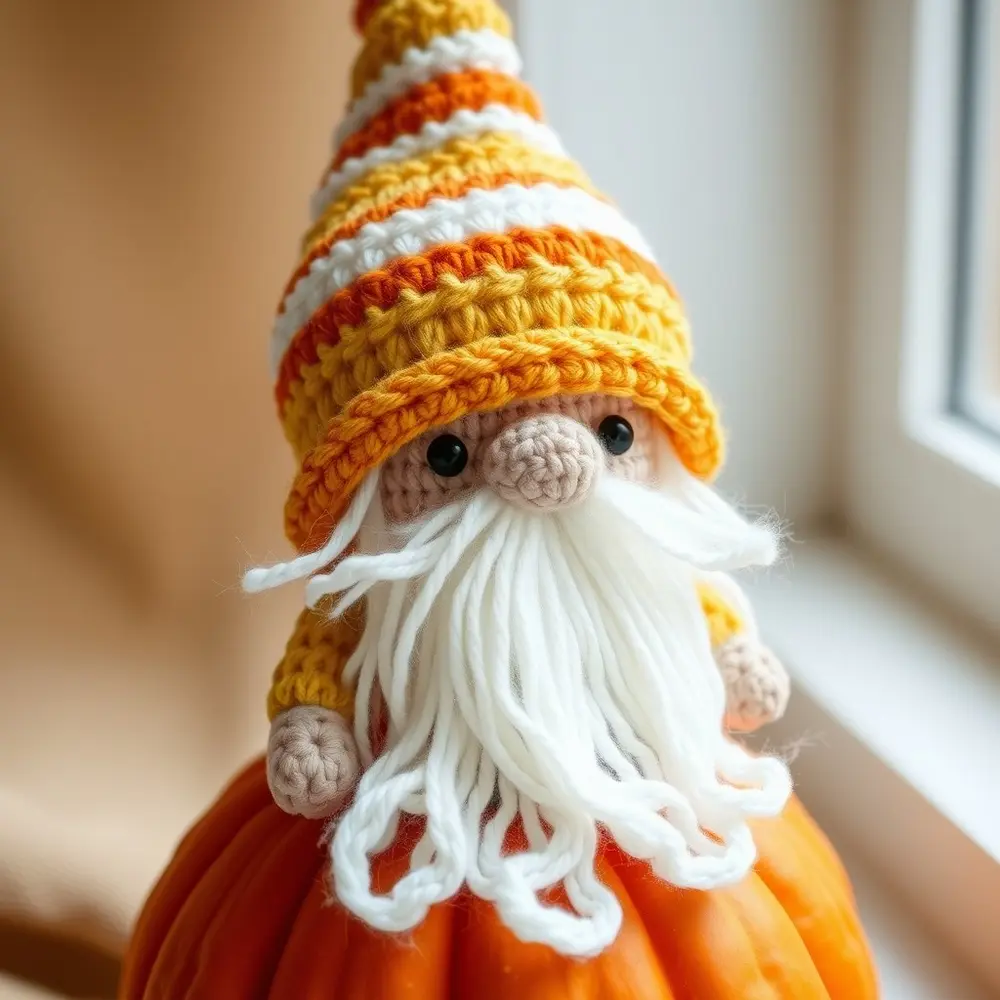 Crochet gnome with white, orange, and yellow striped hat and white beard.