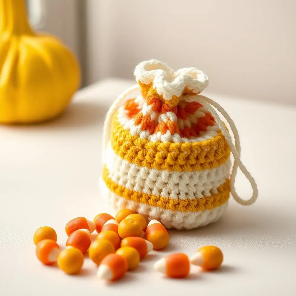 Crochet pouch with yellow, orange, and white horizontal stripes and drawstring.