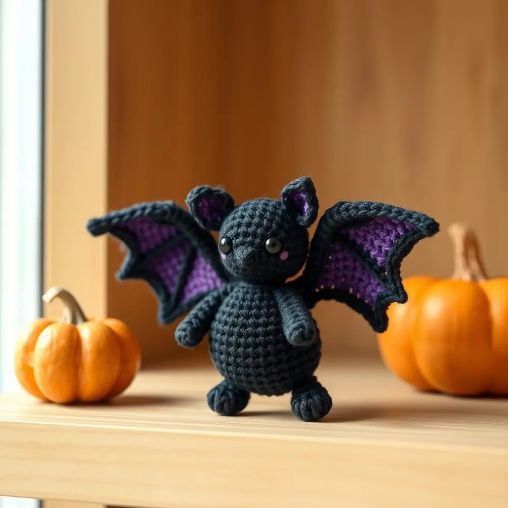 Small crocheted bat with round charcoal body and tiny wings on a wooden shelf