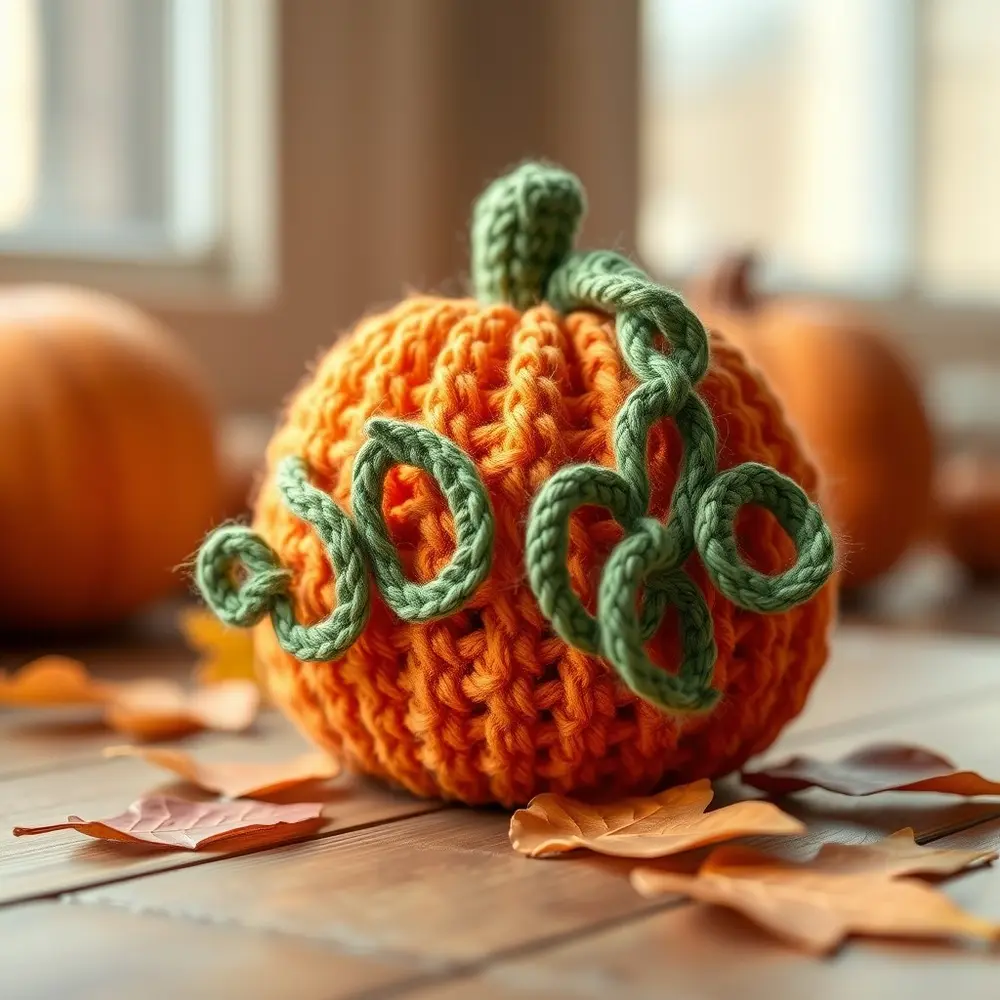 Small orange crochet pumpkin with curly green vine sitting on wooden mantel