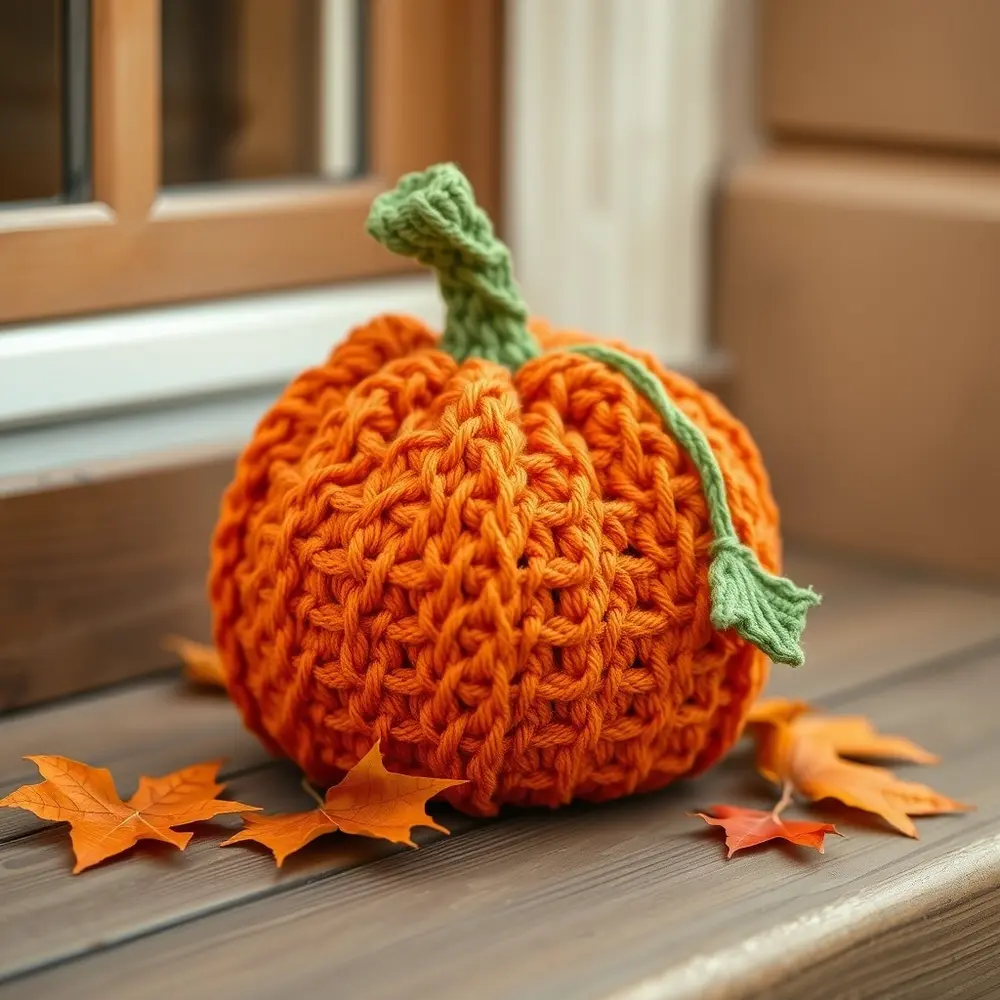 Crocheted orange pumpkin bucket with ribbed texture and sturdy handle.
