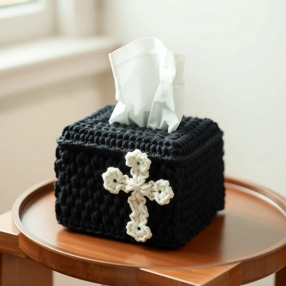 Black crochet coffin tissue box cover on a wooden table.