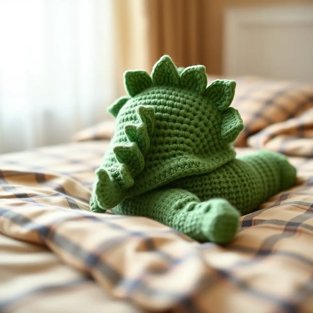 Child wearing green crochet hoodie with spikes and tail.