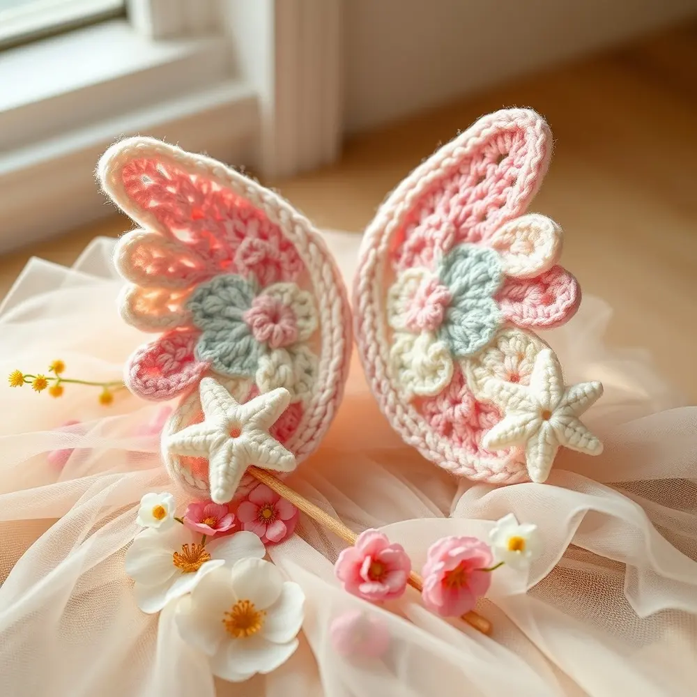 Toddler wearing crochet fairy wings attached to a onesie, holding a star wand.