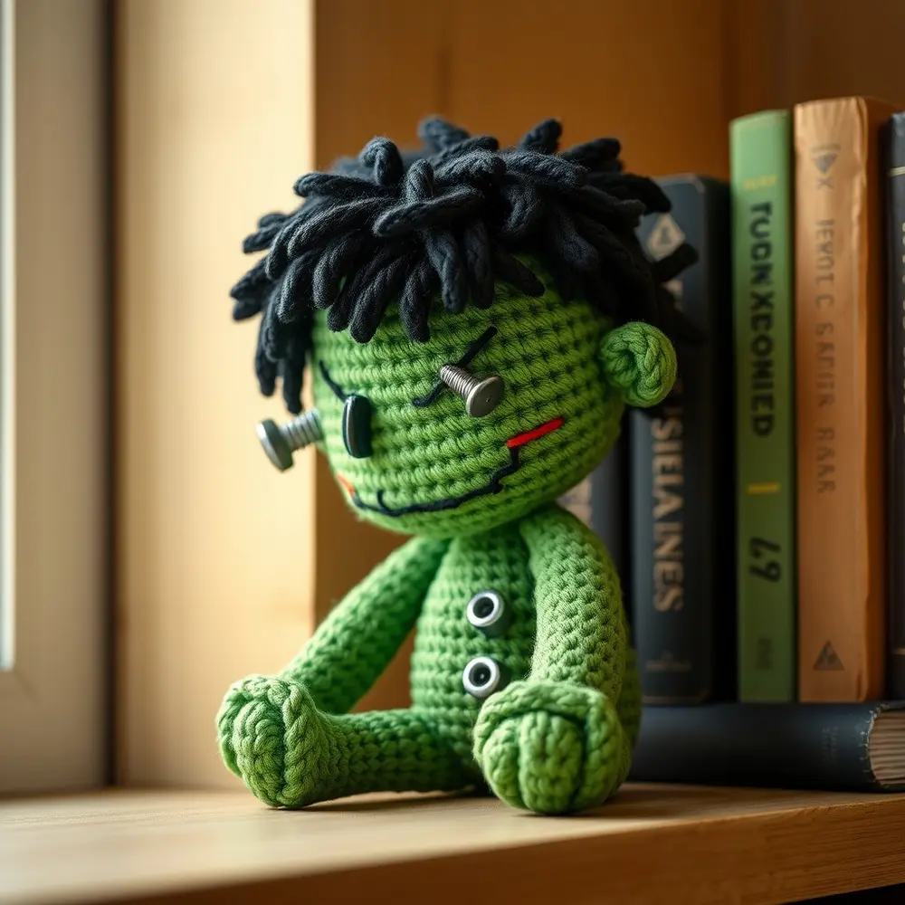 Small crocheted Frankenstein amigurumi with green body, black hair, and neck bolts.