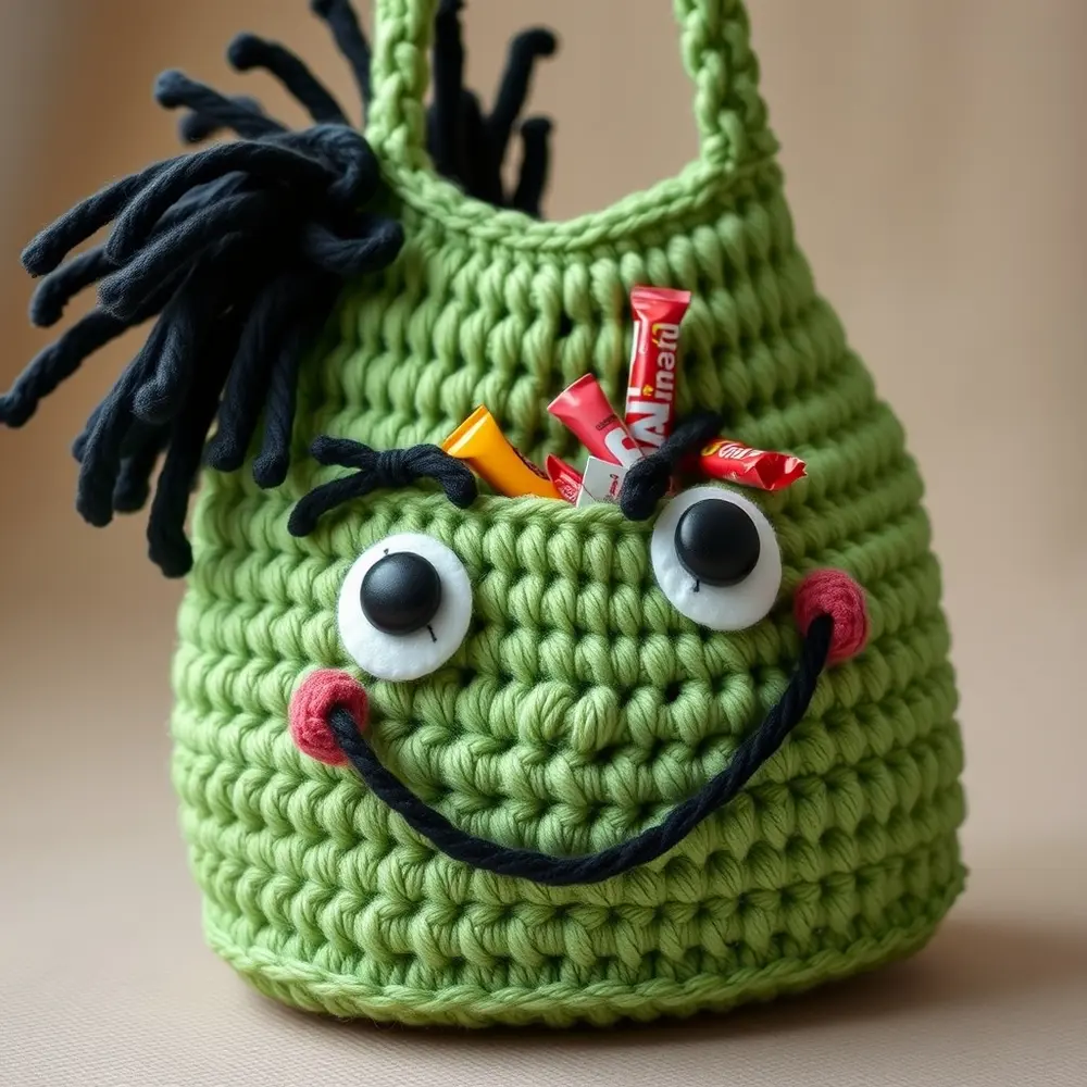 Crochet green Frankenstein tote bag with black hair, stitches, and bolt neck detail.