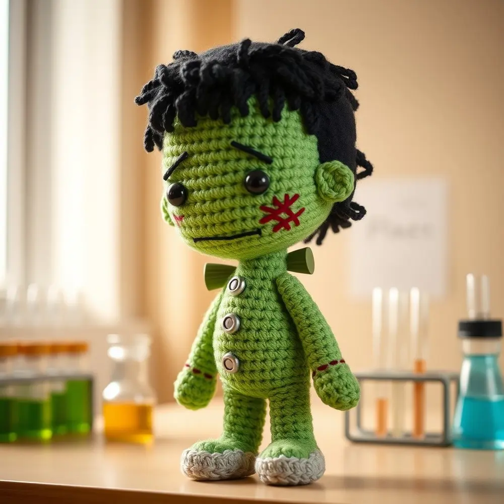 Small crochet Frankenstein monster with green body, flat head, bolts, and scar.