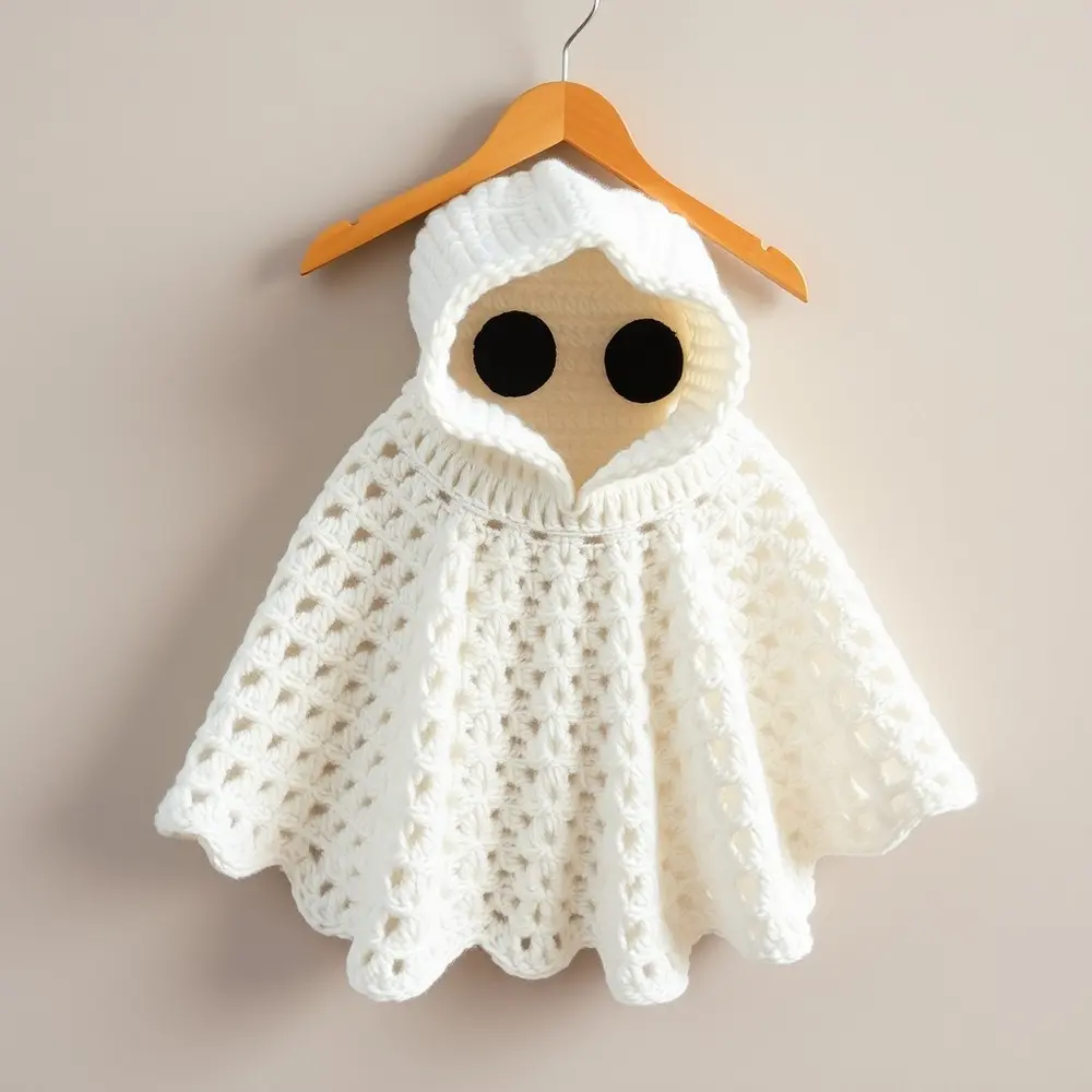 Toddler wearing white crochet ghost poncho with hood and felt eyes, smiling.
