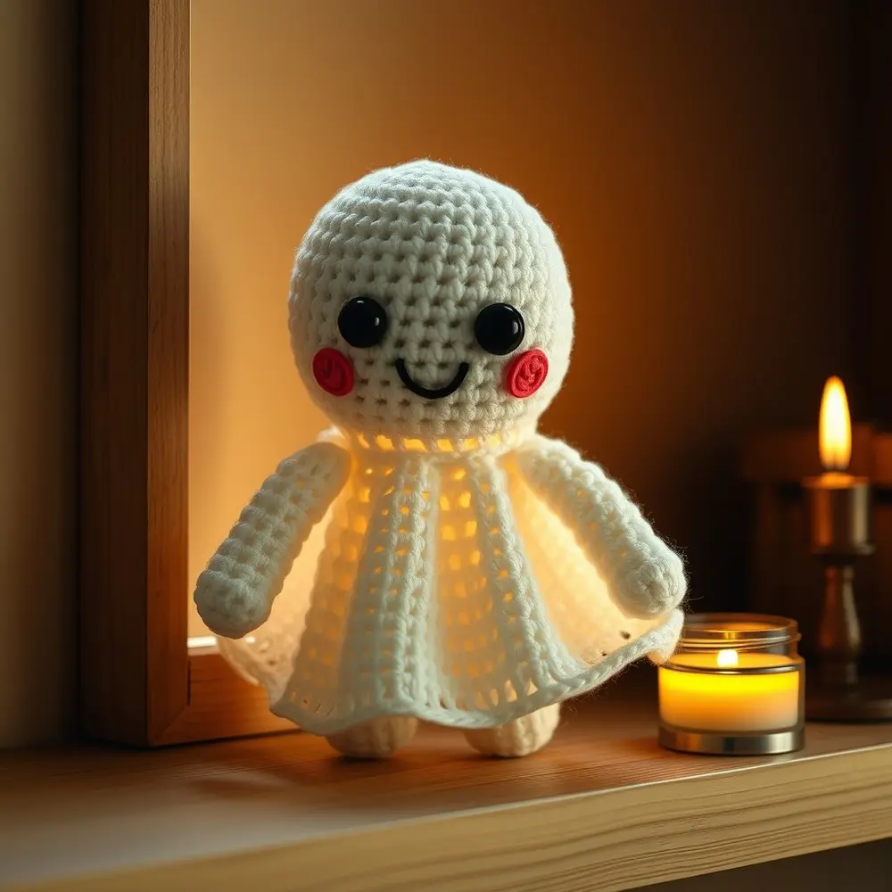 Crocheted white ghost with black eyes glowing green in the dark