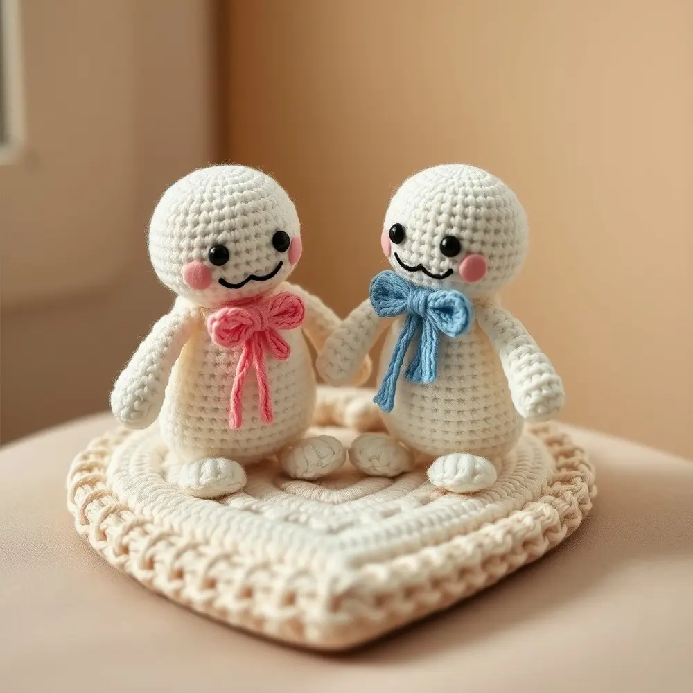 Pair of white crochet ghost amigurumi holding hands with pink blush cheeks