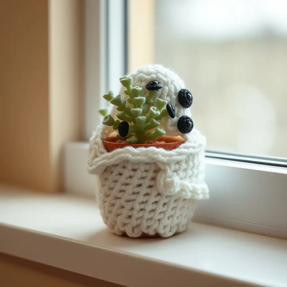White crochet ghost cover on a small pot with a green plant inside.