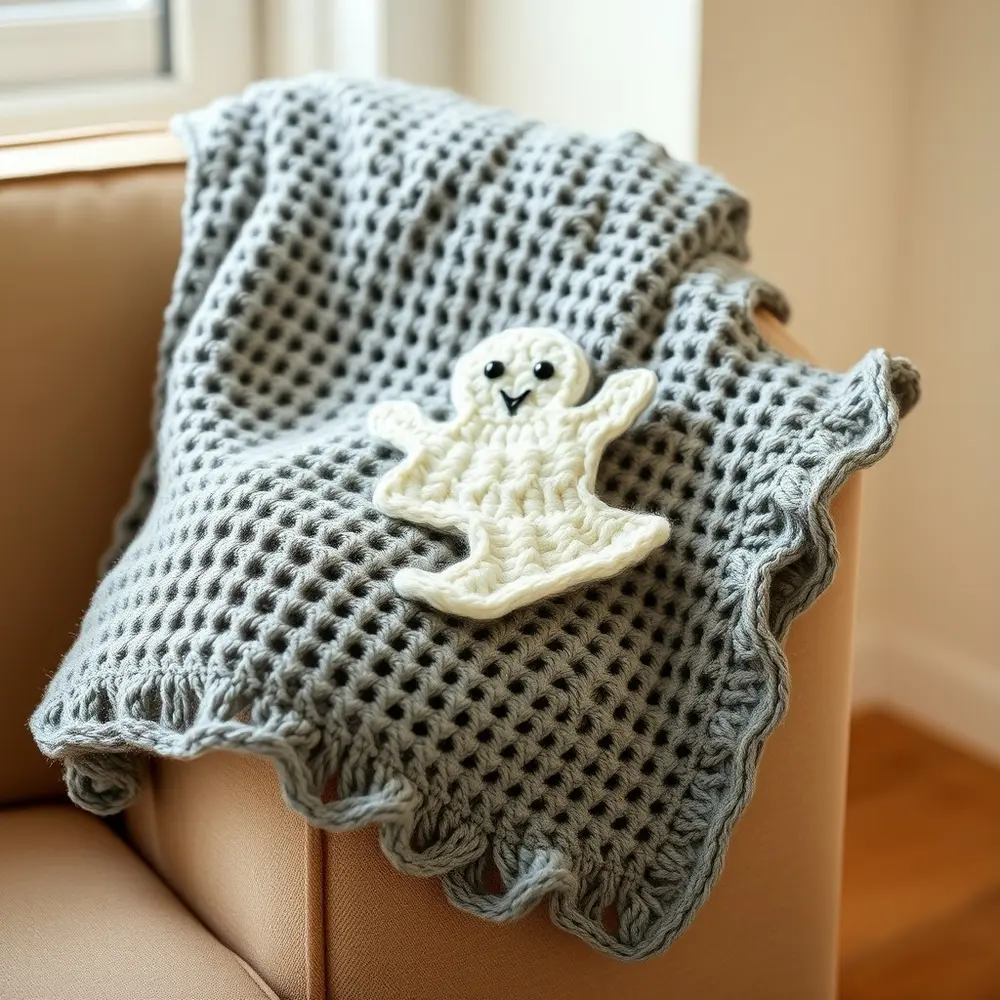 Crochet cream blanket with a grey ghost appliqué draped over a couch.