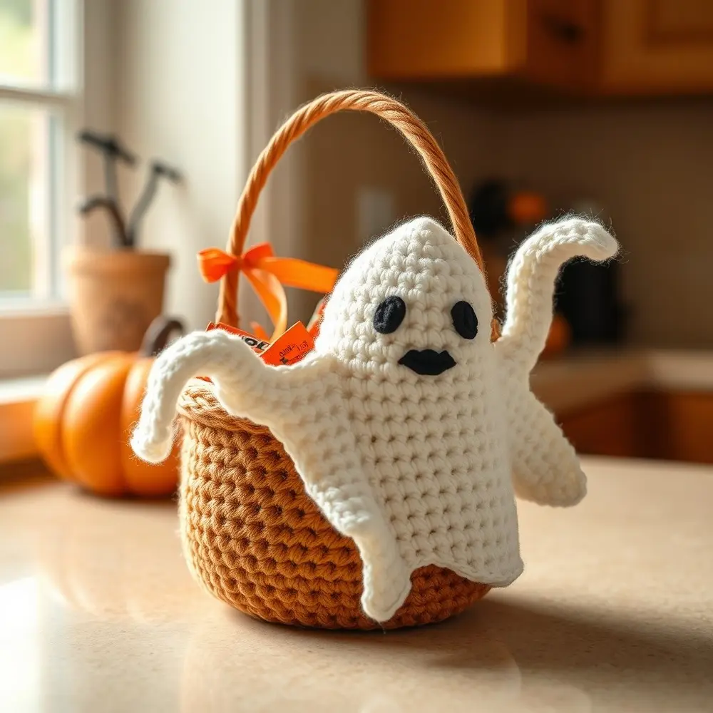 Crochet ghost storage basket with black felt eyes holding wrapped candy