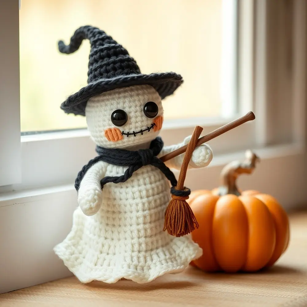 White crochet ghost with a purple witch hat on a wooden shelf.