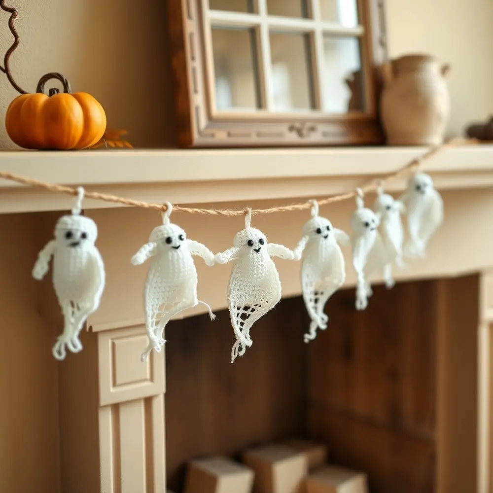 A garland of small white crocheted ghosts hanging on a wooden mantel.