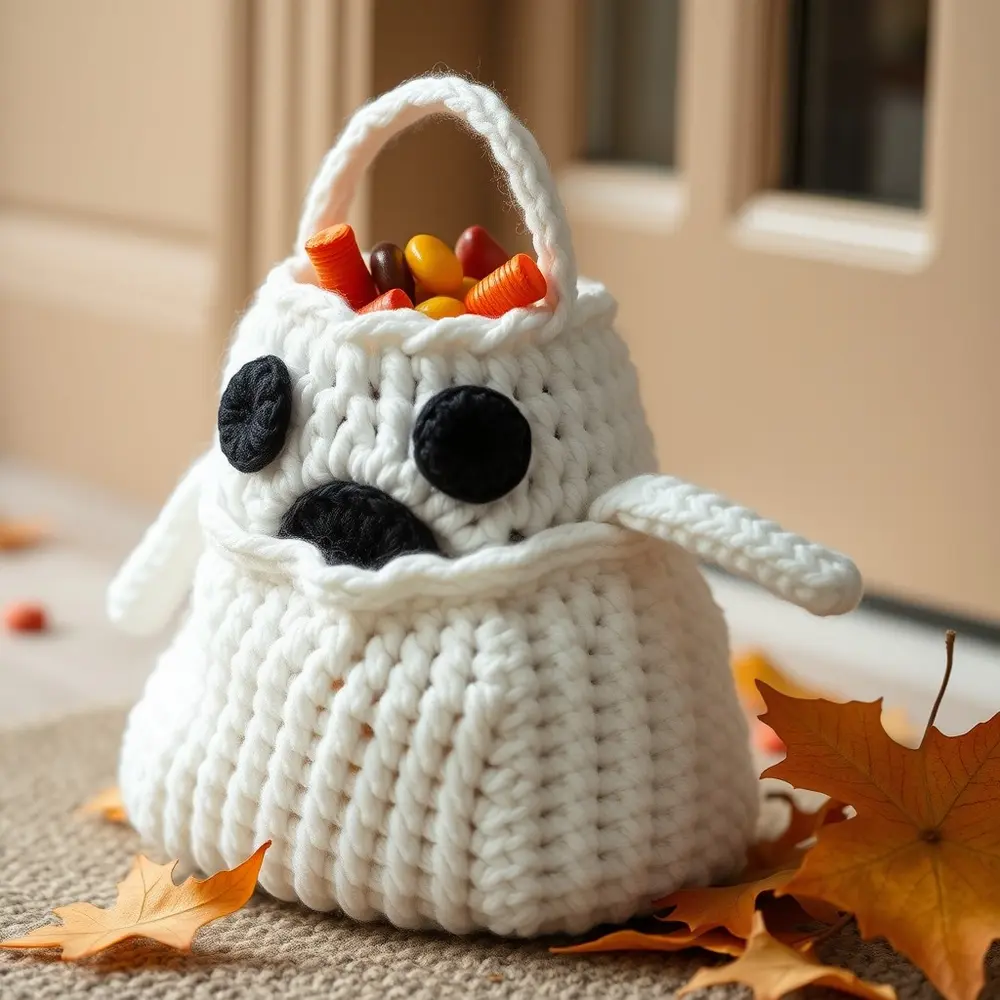 Small white crochet ghost bag with black eyes holding candy