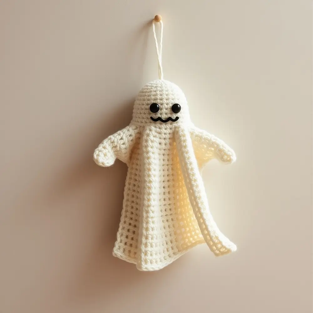 Flat cream crochet ghost tapestry hanging on a wall with wooden dowel