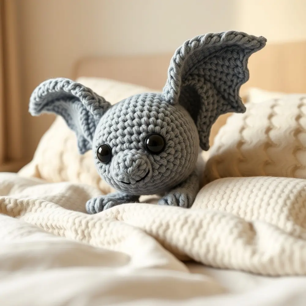 Giant crochet bat in charcoal super bulky yarn resting on a sofa