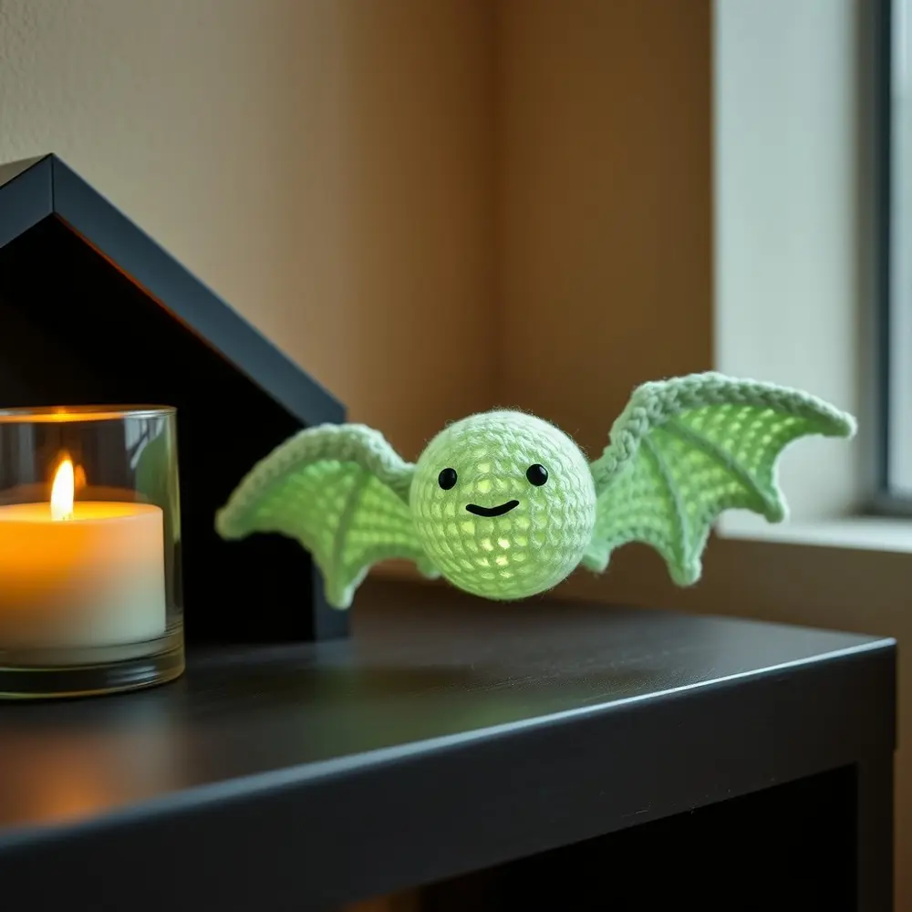 Crocheted glow-in-the-dark bat hanging upside down in a dim room