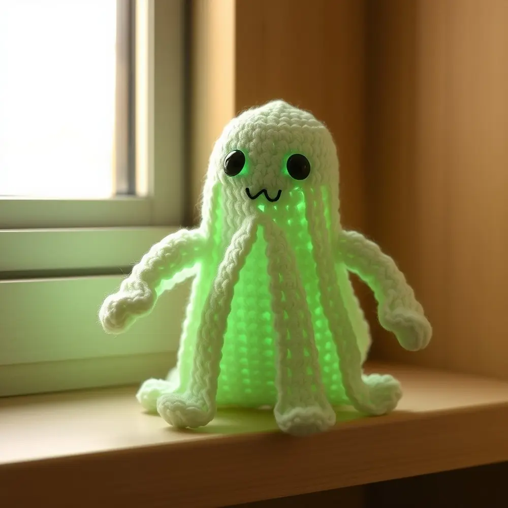 Crocheted glow-in-the-dark ghost glowing softly on a dark wooden shelf