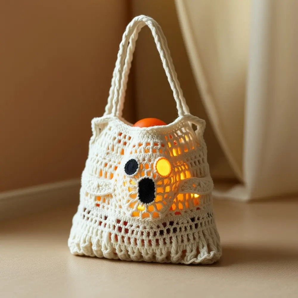 Crochet black tote with a glowing ghost design in the dark.