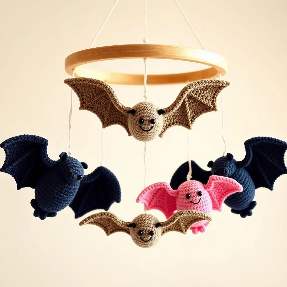 Crochet bat mobile with small bats hanging from a hoop at varied lengths