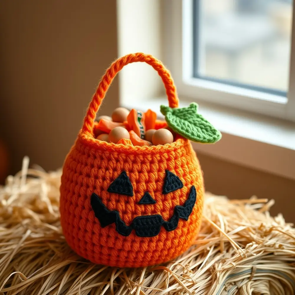 Orange crochet bag with black jack-o'-lantern face and green leaf handle.